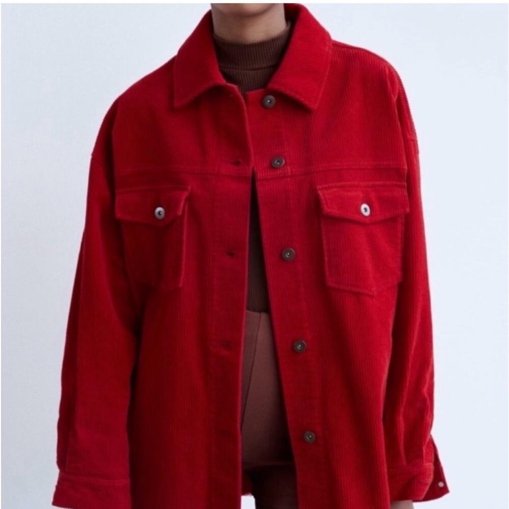 Zara Red Wide-Wale Corduroy Shacket | Oversized Shirt Jacket | M | Pockets